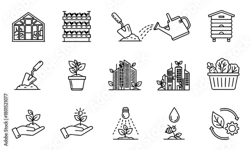 Sustainable gardening and urban farming line icons set, agriculture concepts