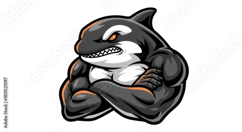 Aggressive Muscular Orca with Crossed Arms and Sharp Teeth in Black and White Color Scheme on White Background with Orange Highlights