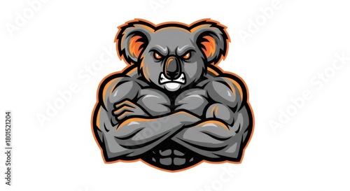 Angry Muscular Gray Koala with Arms Crossed and Orange Accents on a White Background