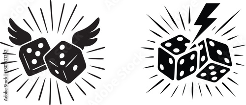 Dice with Wings and Lightning Bolt in Black and White Design