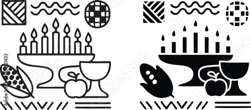 Holiday Celebration Still Life with Candles Fruit and Decorative Patterns