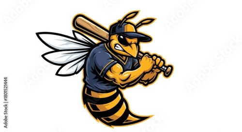 Cartoon Hornet Mascot Aggressively Swinging a Baseball Bat with Intense Expression Against White Background Sports Team Emblem Design