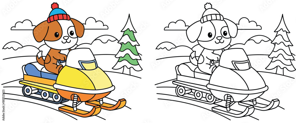 Fototapeta premium Adorable Cartoon Puppy Snowmobiling in Winter Wonderland - Fun Kids Coloring Book Page