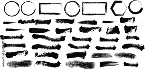 Collection of distressed black ink brush stroke textures and grunge frames for artistic design elements