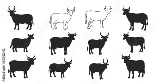 A collection of twelve stylized cow illustrations in black and white.