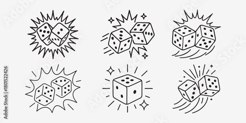 Variety of line art dice illustrations for games and gambling concepts