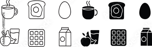 Various breakfast items illustrated as graphic icons in black and white