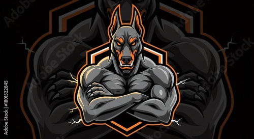 Pixelated Doberman with Muscular Arms Crosses Over Chest in Dark Grey and Orange on Hexagonal Background Vector Illustration