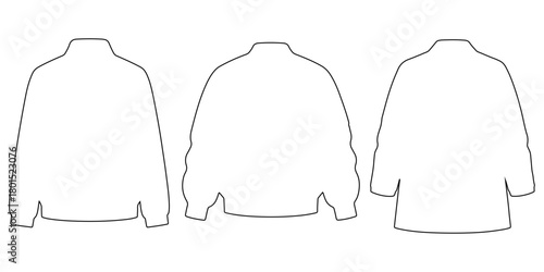 Set of Jacket Outlines in Three Variants with Front and Back Views, Vector Illustration, CAD Drawing, Apparel Template, Clothing Technical Sketch