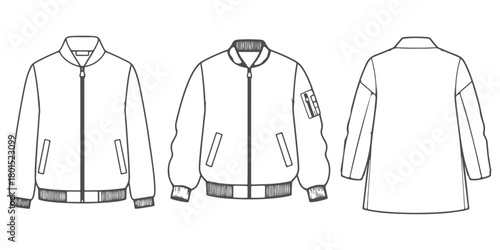 CAD Drawings of Jackets in Three Variants with Front and Back Views, Vector Illustration, Apparel Template, Clothing Technical Sketch, Fashion Design