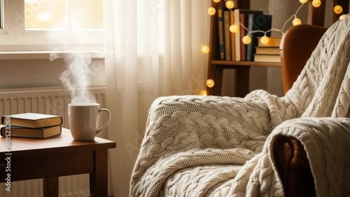 cozy time-lapse of hot tea steam forming heart shapes from a cup on armchair side table. Static winter evening vibe. Perfect for romance, relaxation, lifestyle backgrounds. Royalty-free, no audio.