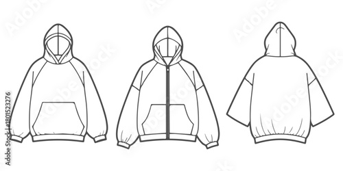 CAD Drawings of modern hoodies shown in multiple front and back views with zipper and pullover variations, clean outline fashion vector illustration