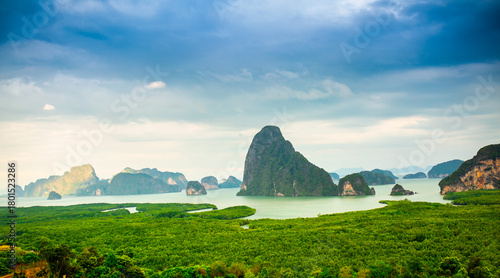 A view of Phang Nga Bay during the day. Samet Nangshe observation deck in Phang Nga Province, Thailand. A beautiful tropical landscape.