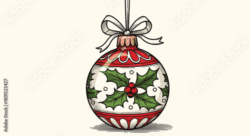 An Exquisite Red Christmas Ornament Adorned with Festive Holly Sprigs and a Delicate White Bow Hanging Gracefully