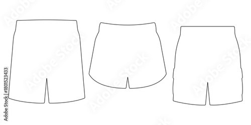 Outline vector set of multiple shorts styles shown in detailed front and back views, featuring belt shorts, elastic sports shorts, and cargo shorts with clean technical linework