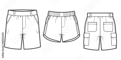 CAD Drawings of various shorts styles shown in detailed front and back views, featuring belt shorts, elastic sports shorts, and cargo shorts in clean vector outline