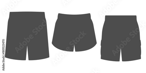 CAD Drawings. Set of shorts silhouette illustrated in three variants with front and back views. Vector illustration.