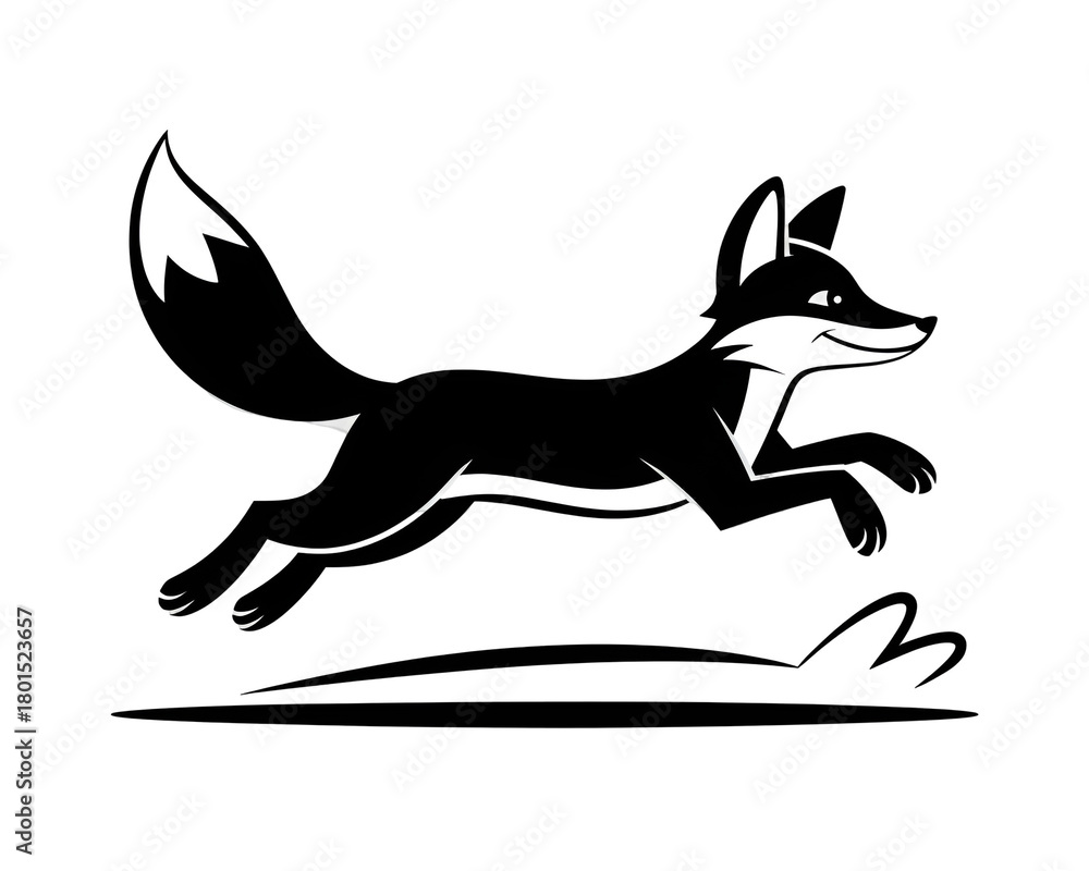 Fototapeta premium Black fox in motion with white outlines running across a dark background, showcasing its agility and wild nature