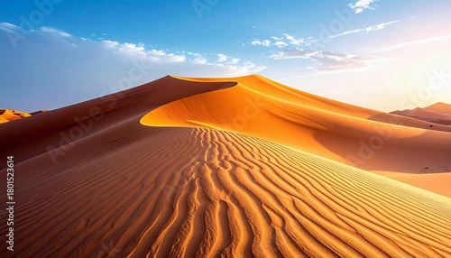 Fototapeta Naklejka Na Ścianę i Meble -  Vast golden sand dunes with rippled textures are illuminated by warm sunlight under a clear blue sky with scattered clouds.