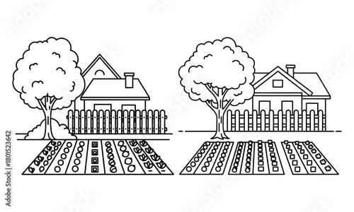 Vector outline of two residential homes with vegetable garden plots and trees