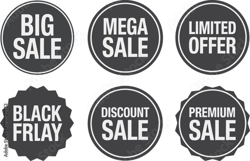 Big Sale Badge Collection. Mega sale labels, limited offer icons, discount sale emblems, and Black Friday promotional stamps