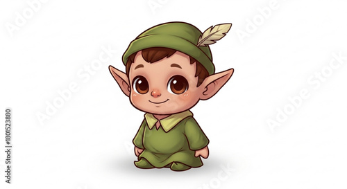 A charming illustration presents a cute baby dressed as an elf, complete with pointed ears and a whimsical outfit, isolated on