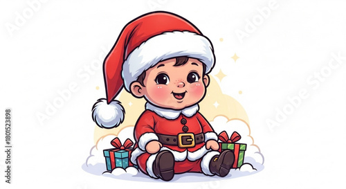 A delightful illustration showcases a charming baby dressed as santa claus, seated amidst beautifully wrapped gifts, isolated on