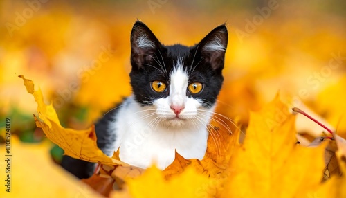 Black and white kitten with amber eyes sitting in a pile of bright orange and yellow autumn leaves