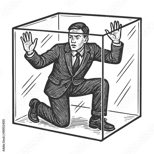 man trapped inside a transparent glass box, confinement, pressure, or mental limits sketch engraving generative ai fictional character vector illustration. Scratch board imitation. Black and white.
