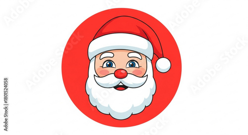 A delightful cartoon santa claus head with a red hat and a white beard, set against a vibrant red circular background isolated on