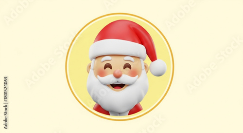 A cheerful 3d santa claus character with a rosy complexion, a jolly smile, and a classic red hat, set against a soft yellow backdrop in a circular frame