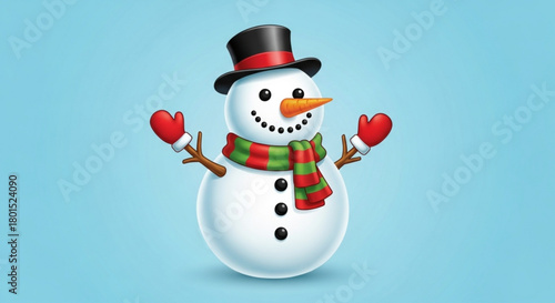 A cheerful snowman with a black hat, red mittens, and a colorful scarf, standing against a light blue background, spreading winter joy and holiday cheer