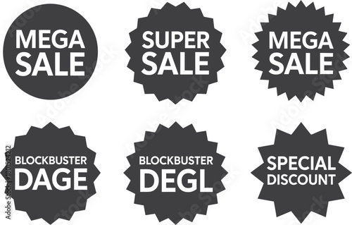 Mega Sale Badges. Super sale icons, blockbuster deal labels, special discount graphics, and promotional stamps