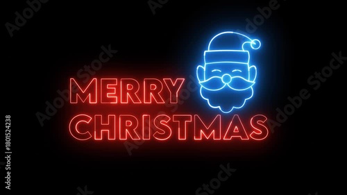 Merry Christmas text animation with a glowing neon Santa Claus face on a black background, perfect for holiday greetings and Christmas themed graphics
