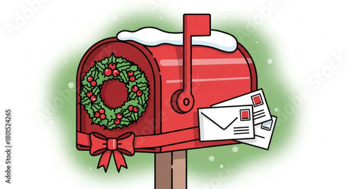 A festive red mailbox decorated with a wreath and snow isolated on, perfect for adding a holiday touch to any design