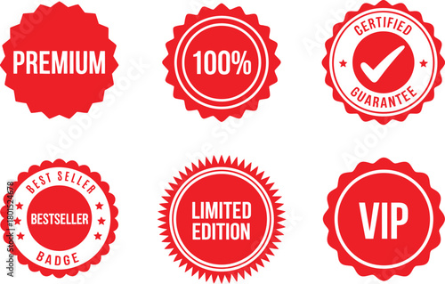 Red Premium Badges. Certified guarantee labels, limited edition icons, bestselling stamps, VIP and premium emblems