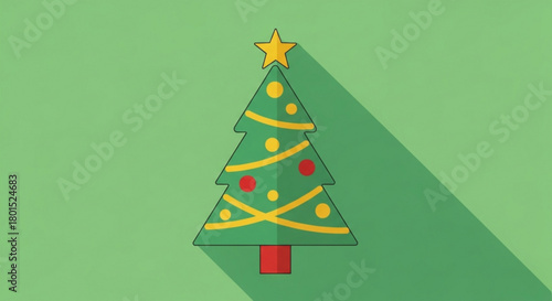 A charming christmas tree with ornaments and ribbon, casting a long shadow, symbolizing the festive spirit and anticipation of the holiday season