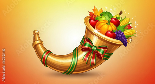 A golden cornucopia overflowing with autumn harvest bounty, tied with a ribbon, symbolizes thanksgiving and abundance, set against a gradient backdrop