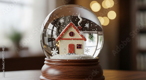 A snow globe with a house inside sitting on a wooden table with bokeh lights in the background creating a warm and cozy holiday atmosphere