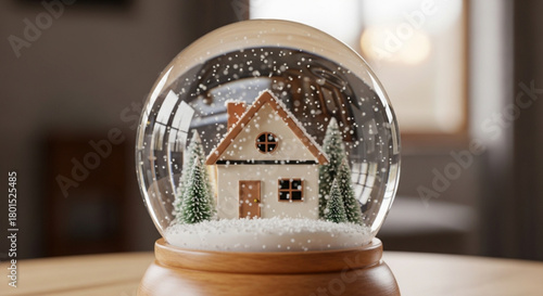 A charming snow globe featuring a cozy house nestled among pine trees, evokes a sense of winter wonderland and holiday magic on a wooden surface