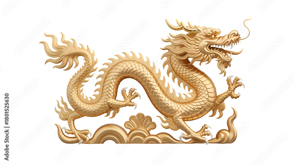 Fototapeta premium Golden dragon symbol with intricate scales and majestic posture representing power and good fortune