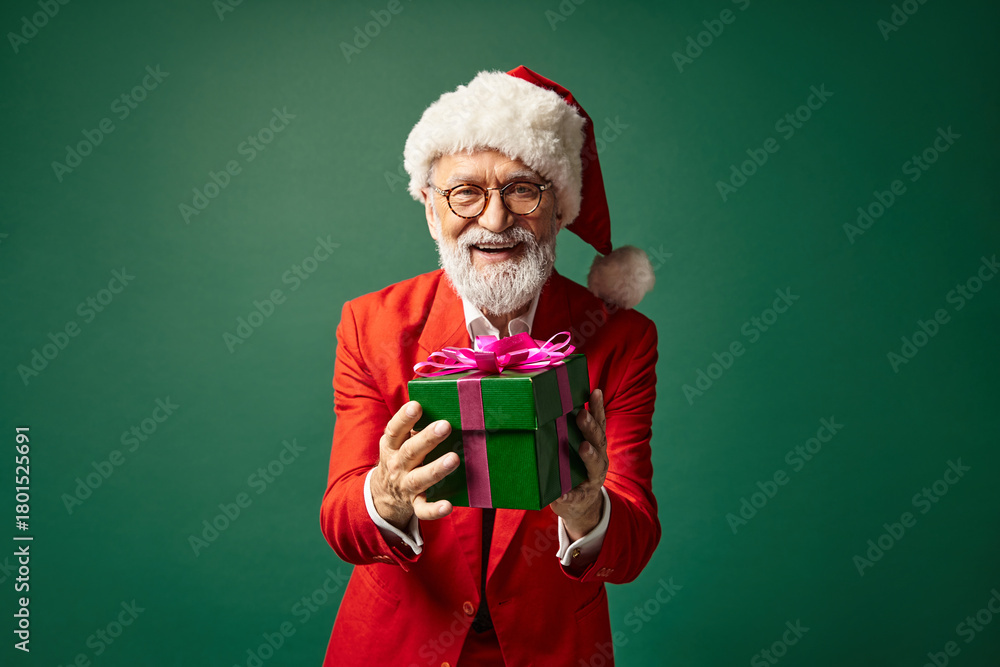 Obraz premium Joyful senior man in winter attire sharing a gift during the holiday season