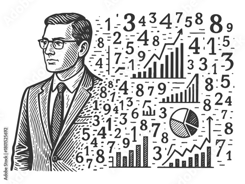 businessman with numbers, graphs, and analytics blending into his figure, data-driven thinking or financial focus sketch engraving generative ai vector illustration. Scratch board. Black and white.