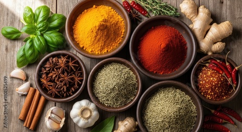 Overhead shot of various spices and herbs in bowls on a wooden surface