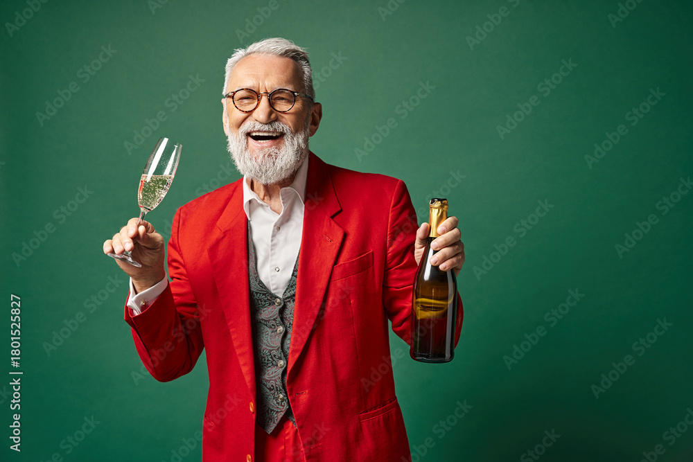 Obraz premium Joyful senior man celebrates winter festivities with champagne in vibrant attire