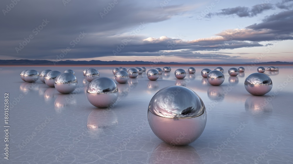 Fototapeta premium Sphères métalliques brillantes disposées sur une surface d'eau calme