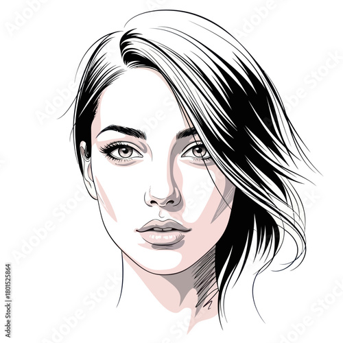 Elegant woman portrait with detailed features and flowing hair, artistic sketch.