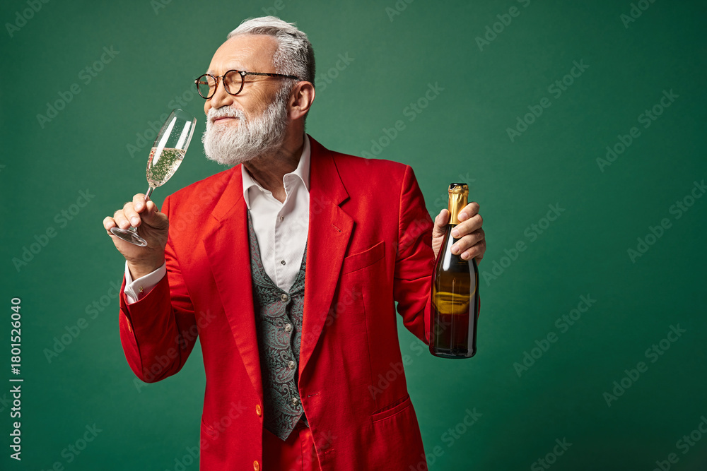 Obraz premium Elegant senior man celebrating winter festivities with champagne in a vibrant red suit