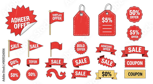 Collection of Red Hand Drawn Sale Offer Price Tag and Coupon Design Elements for Retail Marketing and Advertising Promotions
