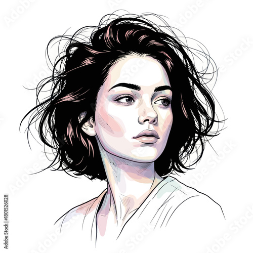 Captivating portrait of a young woman with short, windswept hair looking thoughtfully to the side.